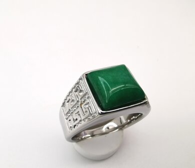 Edelstahl-Edelstein-gr&uuml;ne Jade silberfarbene quadratische Ringe im griechischen Design mit Schutzstein.