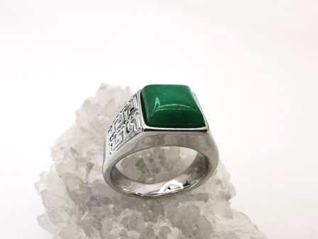 Edelstahl-Edelstein-gr&uuml;ne Jade silberfarbene quadratische Ringe im griechischen Design mit Schutzstein.