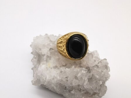 RVS goudkleurig ovale edelsteen ring met Onyx edelsteen 