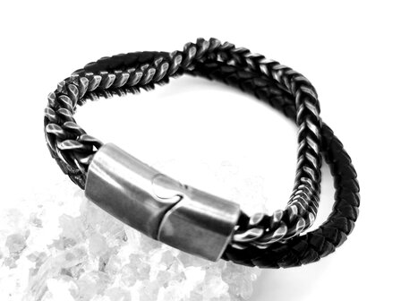 Stalen geborsteld heren armband dubbel gourmet schakel en leer in 3 maat.