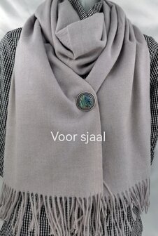 Magneet, broche, parelmoer rond, Zilverkleurig voor omslagdoek, sjaal en vest te sluiten.