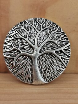 Magneet, broche, rond, Tree of life (levensboom) , zilverkleurig voor omslagdoek, sjaal en vest te sluiten.