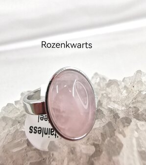 Rosenquarzring Edelstahl silberfarben, oval,