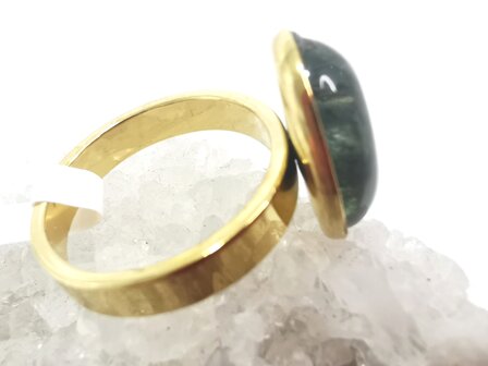 Moss agate ring stainless steel gold-colored, oval,