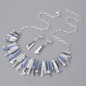 Set - Metallic Zilver/Grijs/Blauw Mat Emaille Abstracte Staafketting &amp; Oorstekers In Zilverkleurig 