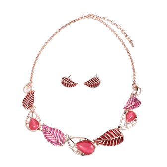 Set - goudkleurig Ketting met oorbellen - Roze en rode blaadjes.