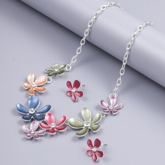 Set - Ketting met oorbellen - Multicolor bloem.