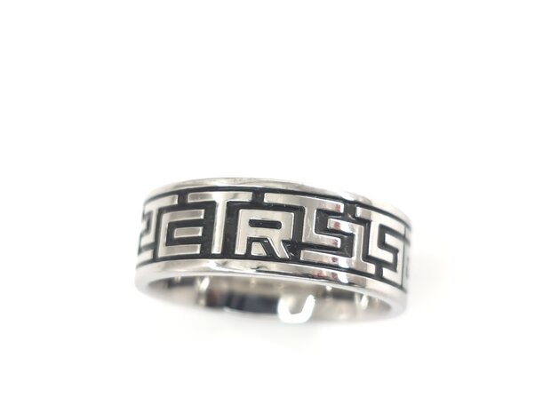 Ring aus Edelstahl, Herren, zweifarbig, griechischer Schlüssel, Mäanderkante. Karton 36 Stück.