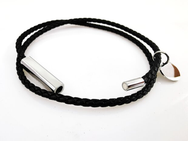 Schwarzes geflochtenes Lederarmband, doppelt gewickelt, 4 mm, Länge 22 cm