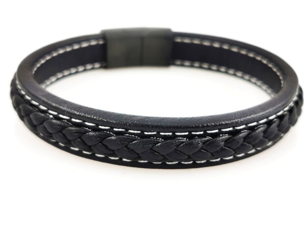 Stilvolles Herrenarmband aus schwarzem Leder mit kontrastierenden weißen Nähten.