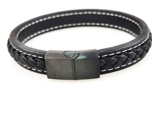 Stilvolles Herrenarmband aus schwarzem Leder mit kontrastierenden weißen Nähten.