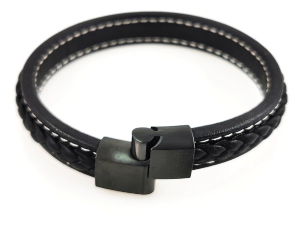 Stilvolles Herrenarmband aus schwarzem Leder mit kontrastierenden weißen Nähten.