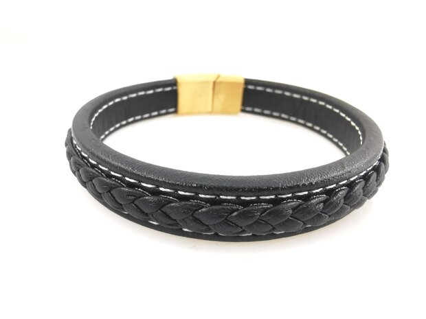 Stilvolles Herrenarmband aus schwarzem Leder mit kontrastierenden weißen Nähten.