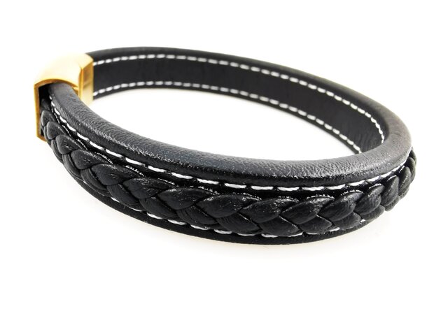 Stilvolles Herrenarmband aus schwarzem Leder mit kontrastierenden weißen Nähten.