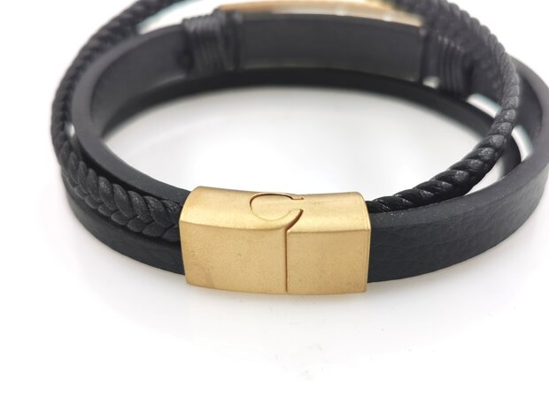 Leder-Herrenarmband Multi mit goldfarbenem griechischem Edelstahlmuster