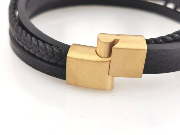 Leren heren armband Multi met edelstaal goudkleurig Griekse patroon