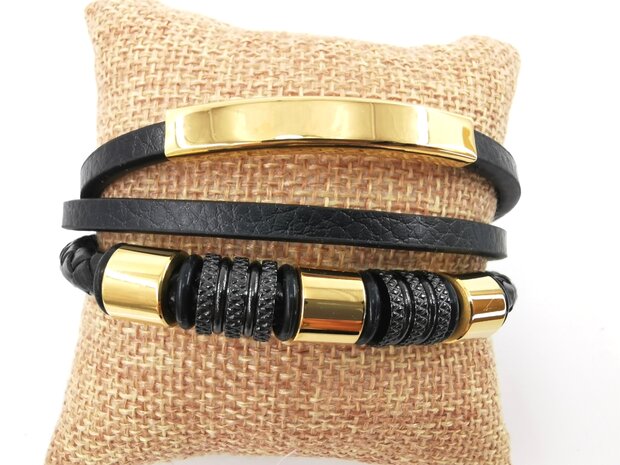 Leren heren armband Multi met edelstaal goudkleurig luxe elementen.