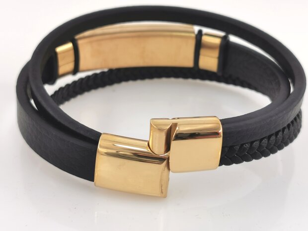 Leder-Herrenarmband Multi mit goldfarbenem griechischem Edelstahlmuster