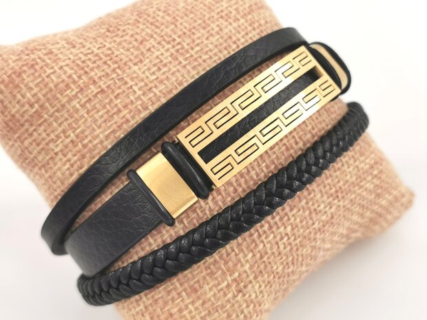 Leder-Herrenarmband Multi mit goldfarbenem griechischem Edelstahlmuster