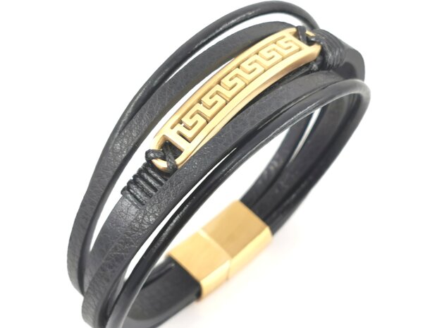 Leder-Herrenarmband Multi mit goldfarbenem griechischem Edelstahlmuster