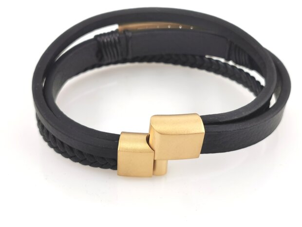 Leder-Herrenarmband Multi mit goldfarbenem griechischem Edelstahlmuster