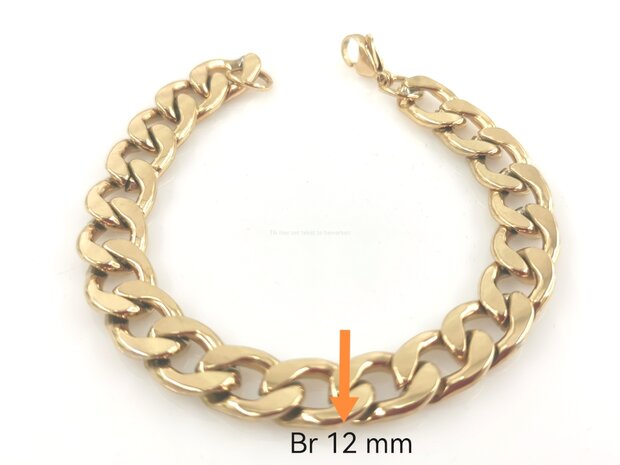 Stoere Stalen armband goudkleur gourmetschakel br 12 mm in 22 cm.