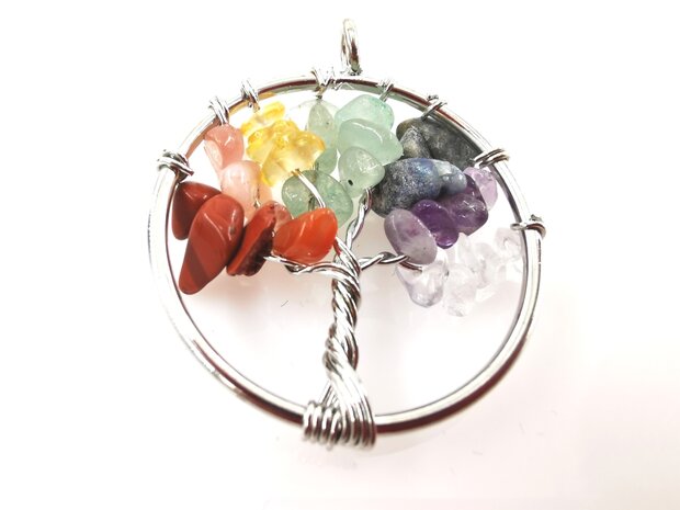 Rvs ketting L 70 cm met Handgemaakt Chakra levensboom hanger Ø 30 mm Chakra wiel.