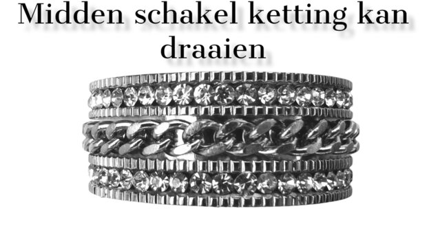 Edelstahlring Damen, schick breit, beidseitig Strasssteine, mittlere Gliederkette drehbar.