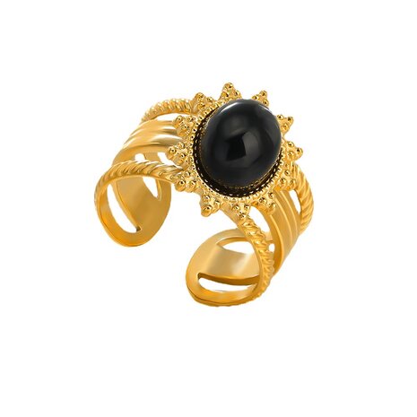 Ring aus Edelstahl, oval, blütenförmig, Obsidian-Edelstein, goldfarben, verstellbar