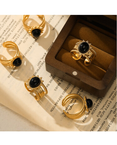 Ring aus Edelstahl, oval, blütenförmig, Obsidian-Edelstein, goldfarben, verstellbar