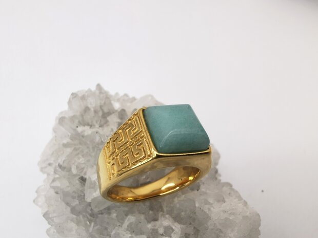 Edelstahl-Edelstein-Grüner Calcit-goldfarbener griechischer Design-Ring. Vierkantringe mit Schutzstein