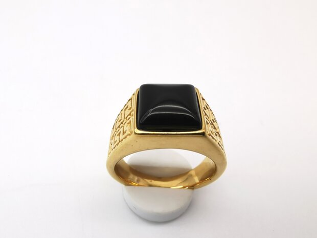 Edelstahl-Edelstein-Onyx-goldfarbener griechischer Design-Ring. Vierkantringe mit Schutzstein