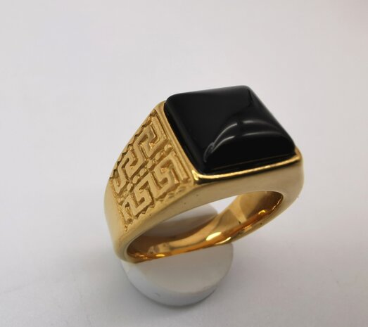 Edelstahl-Edelstein-Onyx-goldfarbener griechischer Design-Ring. Vierkantringe mit Schutzstein