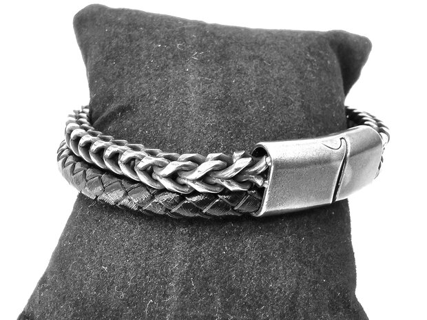 Stalen geborsteld heren armband dubbel gourmet schakel en leer in 3 maat.