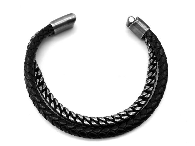 Stalen geborsteld heren armband dubbel gourmet schakel en leer in 3 maat.