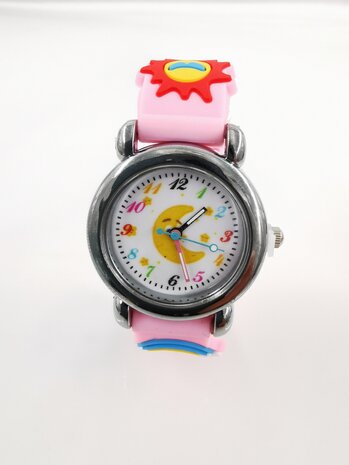 KinderHorloge | 3D - Maan, Zon en regenboog - roze | Siliconen