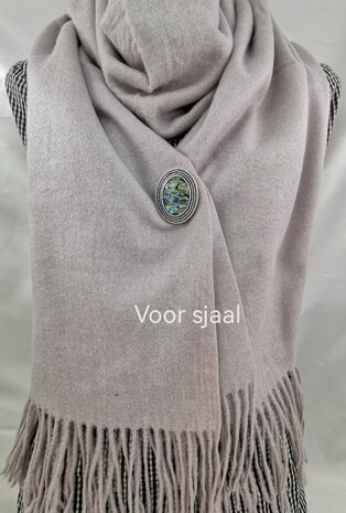 Magneet, broche, parelmoer ovaal, Zilverkleurig voor omslagdoek, sjaal en vest te sluiten.