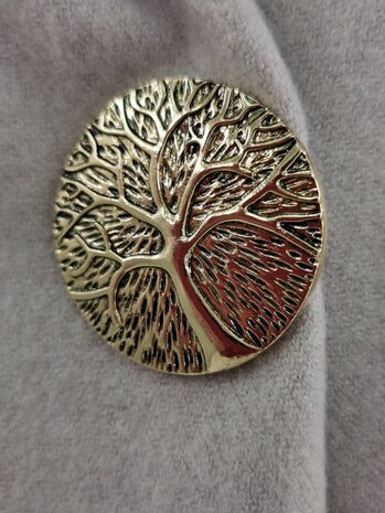 Magneet, broche, rond, Tree of life (levensboom) , goudkleurig voor omslagdoek, sjaal en vest te sluiten.