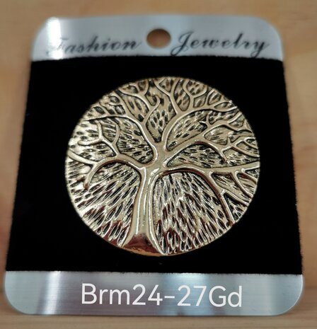 Magneet, broche, rond, Tree of life (levensboom) , goudkleurig voor omslagdoek, sjaal en vest te sluiten.