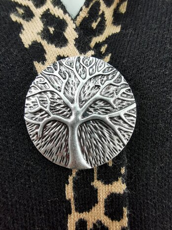 Magneet, broche, rond, Tree of life (levensboom) , zilverkleurig voor omslagdoek, sjaal en vest te sluiten.