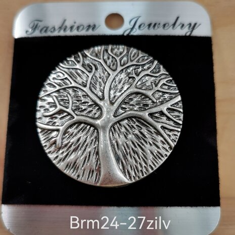 Magneet, broche, rond, Tree of life (levensboom) , zilverkleurig voor omslagdoek, sjaal en vest te sluiten.