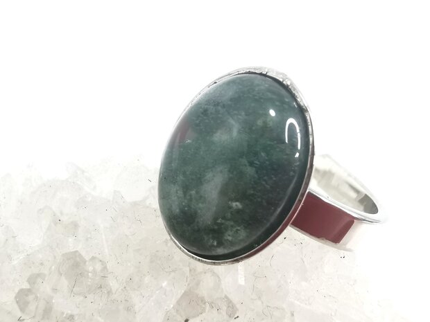 Moss agate ring stainless steel silver-colored, oval,