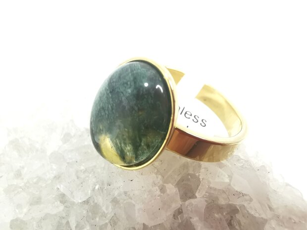 Moss agate ring stainless steel gold-colored, oval,