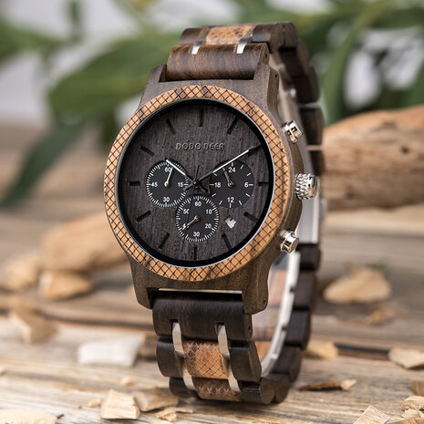 Chronographenuhr aus dunklem Holz, Armband Holz und Edelstahlglieder, Taganzeige, Uhrenschließe