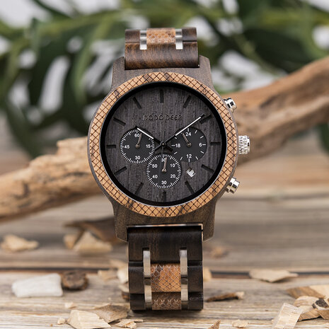 Chronographenuhr aus dunklem Holz, Armband Holz und Edelstahlglieder, Taganzeige, Uhrenschließe