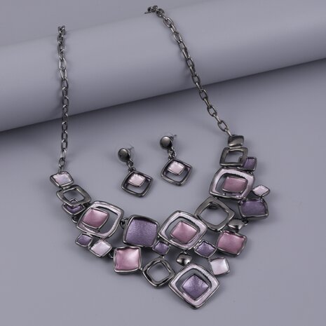 Set: Design zwart kleur ketting met vierkant multi oud roze emaille sieraden.