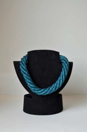 Ketting, 6 gedraaide fijne nylon gaas gevuld met strasssteentje, turquoise